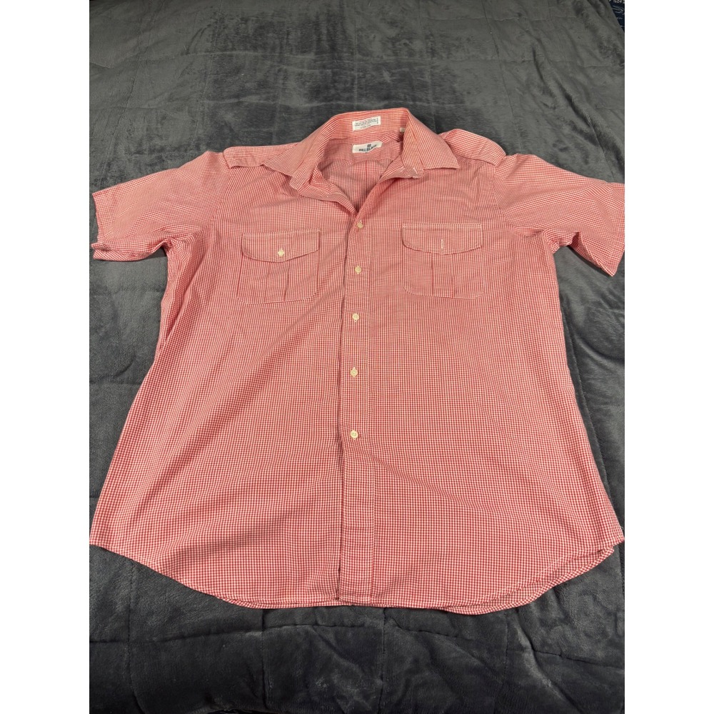 Bill Blass MensXL Red White Gingham Check Short Sleeve Button Down Shirt Vintage